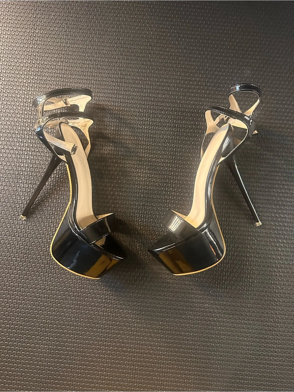Black Patent Platform Stiletto Heels with Ankle Straps